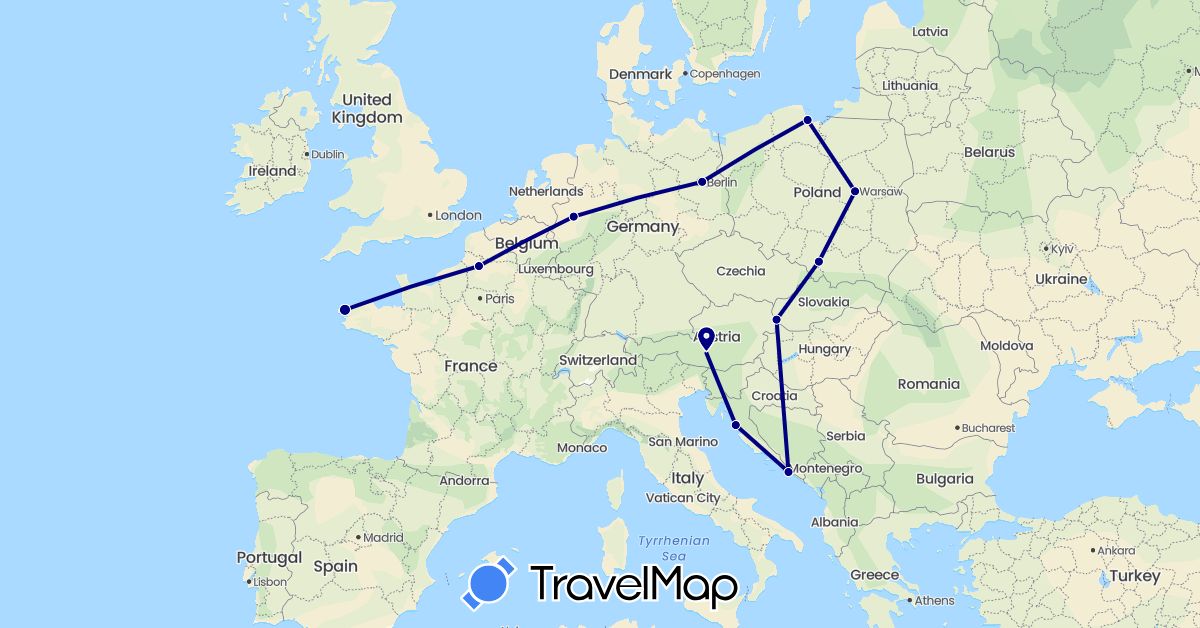 TravelMap itinerary: driving in Austria, Germany, France, Croatia, Poland, Slovakia (Europe)